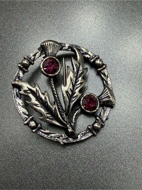 Vintage Silver Thistle Brooch with Amethyst Stones #cz534